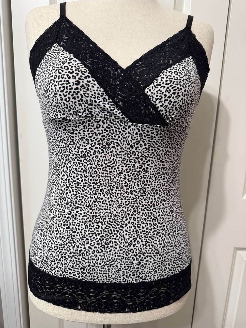 White House Black Market Black and White Leopard Lace Trim Camisole